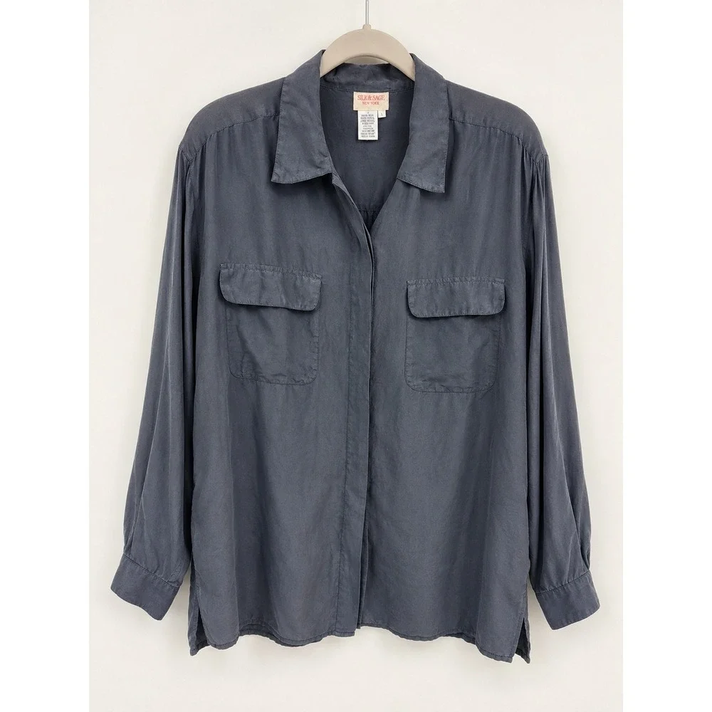 Silkage New York 100% Silk Charcoal Gray Button Down Utility Shirt Size L